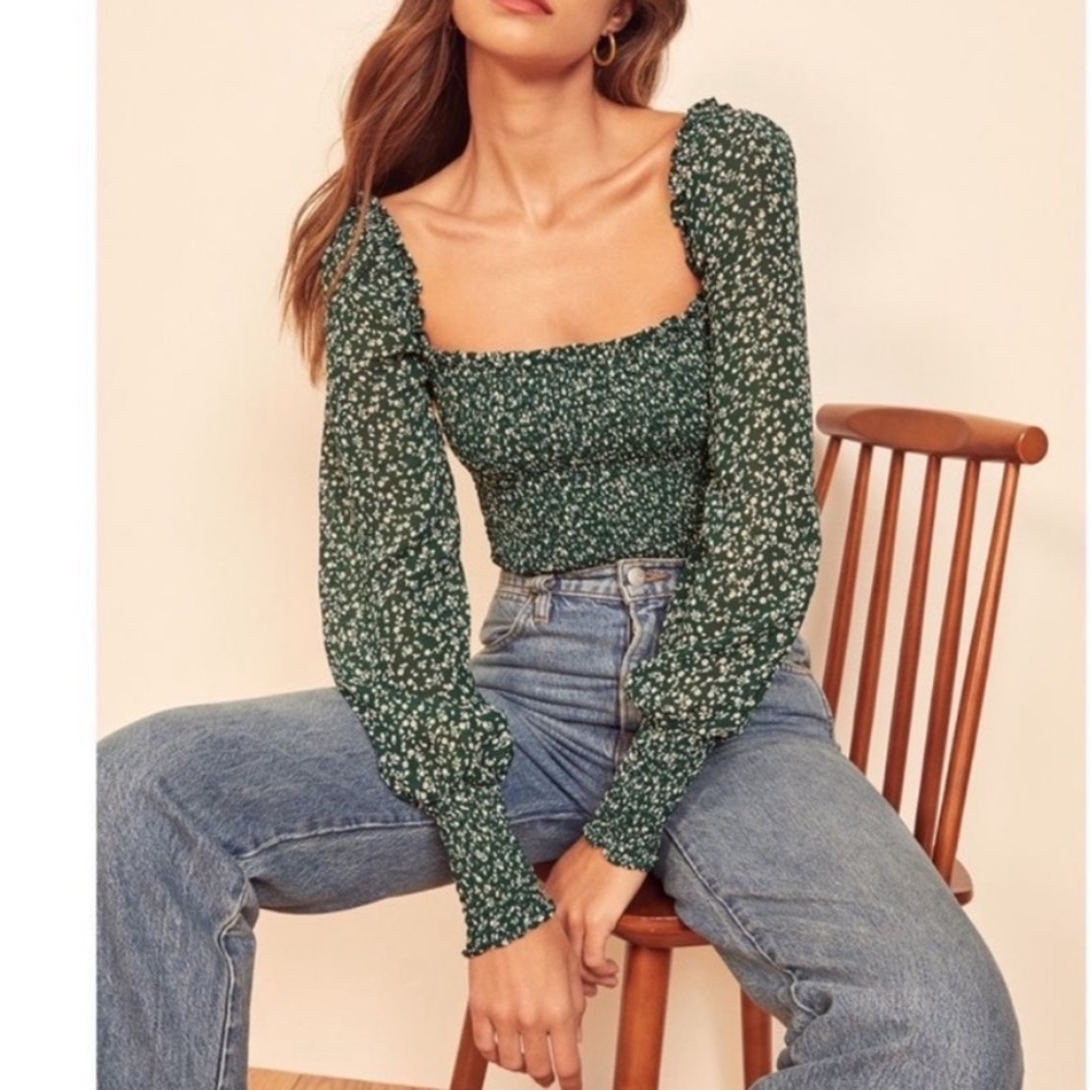 Reformation Pinto Floral Green Top Smocked Long Sleeves Large